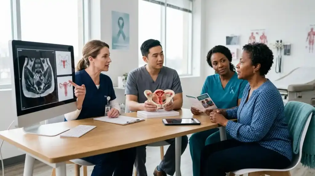 A gynecologic oncology team discusses diagnosis and treatment with a patient in a women's cancer center, highlighting awareness, early detection, and comprehensive cancer care.