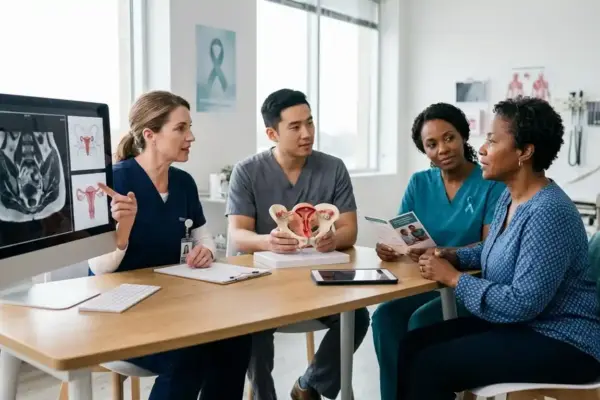 A gynecologic oncology team discusses diagnosis and treatment with a patient in a women's cancer center, highlighting awareness, early detection, and comprehensive cancer care.
