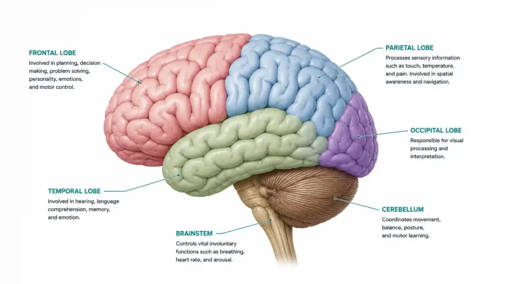 Lateral view of the human brain, showing the frontal, parietal, temporal, and occipital lobes, cerebellum, and brainstem.