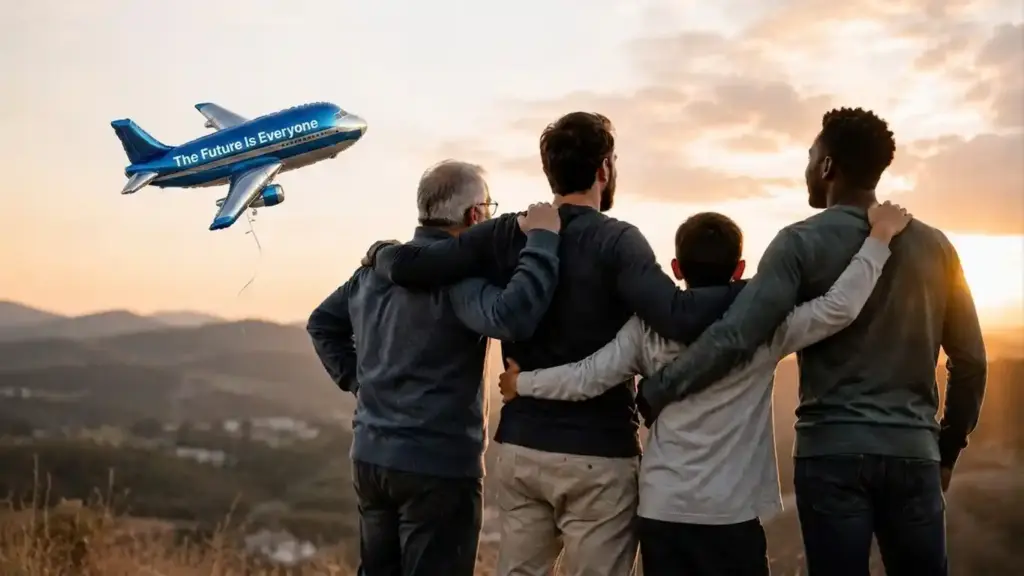 Three men and a boy hold hands and stare into the horizon. A hot-air balloon carrys the 2026 theme: "The Future Is Everyone"