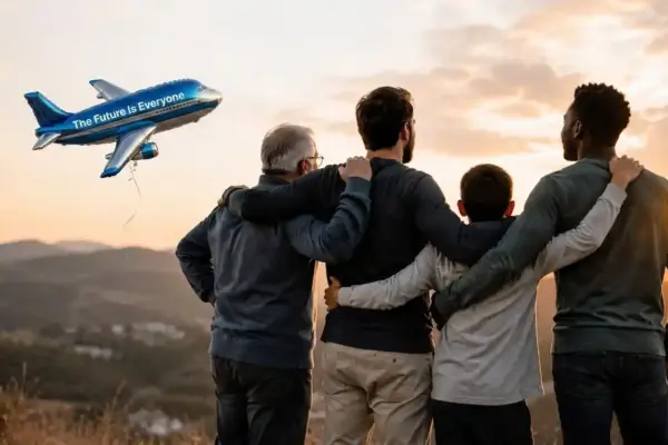 Three men and a boy hold hands and stare into the horizon. A hot-air balloon carrys the 2026 theme: "The Future Is Everyone"