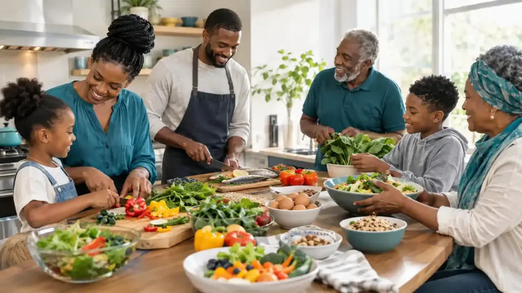 Multigenerational family preparing a nutritious meal, representing the relationship between nutrition and thyroid health across the lifespan.