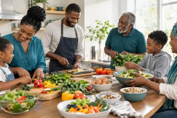 Multigenerational family preparing a nutritious meal, representing the relationship between nutrition and thyroid health across the lifespan.