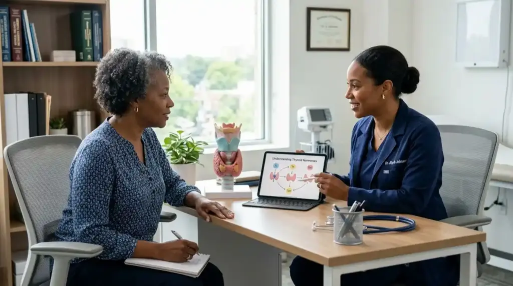 A healthcare professional explains thyroid health to an adult patient during a clinic consultation.