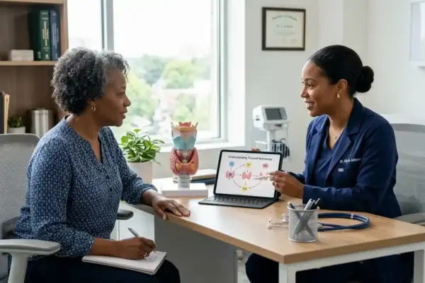 A healthcare professional explains thyroid health to an adult patient during a clinic consultation.