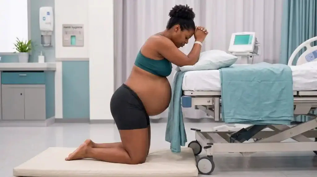 Pregnant woman kneeling while leaning over a hospital bed during labor.