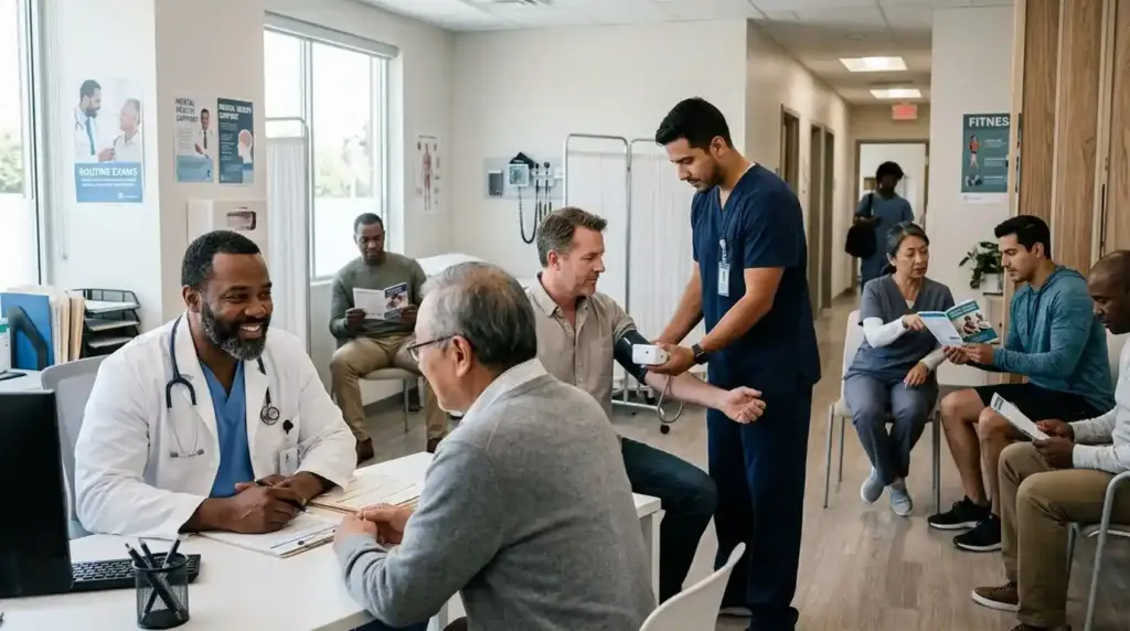 Men from diverse backgrounds receive preventive healthcare and lifestyle guidance in a modern clinic, promoting regular check-ups and overall wellbeing.