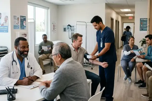 Men from diverse backgrounds receive preventive healthcare and lifestyle guidance in a modern clinic, promoting regular check-ups and overall wellbeing.