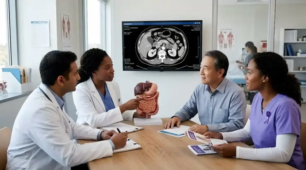 An oncology team reviews abdominal imaging with a patient and family in a modern cancer center, highlighting early diagnosis, personalized treatment, and compassionate care for pancreatic cancer.