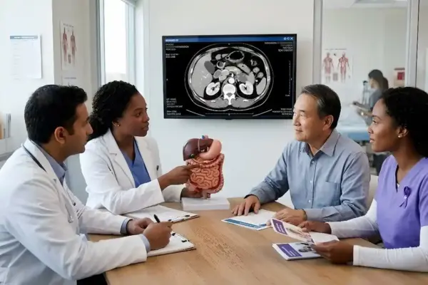 An oncology team reviews abdominal imaging with a patient and family in a modern cancer center, highlighting early diagnosis, personalized treatment, and compassionate care for pancreatic cancer.