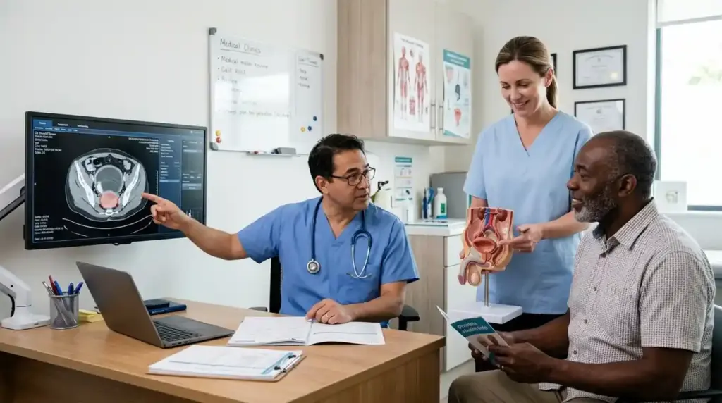 A urologist reviews prostate health with a patient while discussing screening, diagnosis, and treatment options in a modern clinic, emphasizing early detection and informed care.