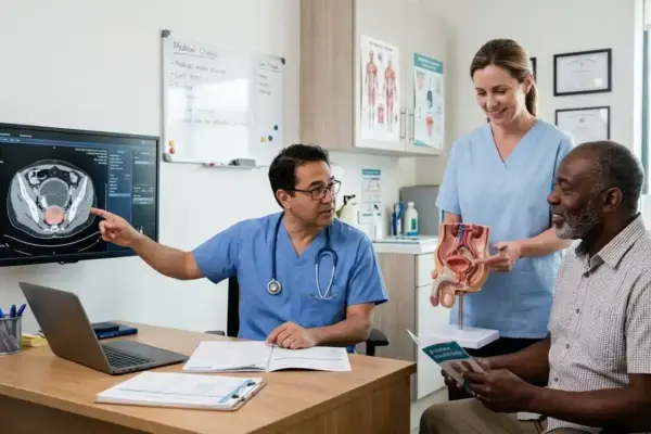 A urologist reviews prostate health with a patient while discussing screening, diagnosis, and treatment options in a modern clinic, emphasizing early detection and informed care.