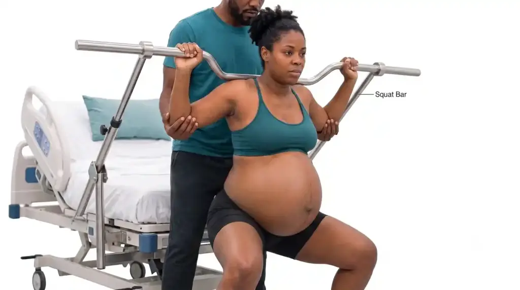 Woman using a squat bar during labor, with her partner supporting.