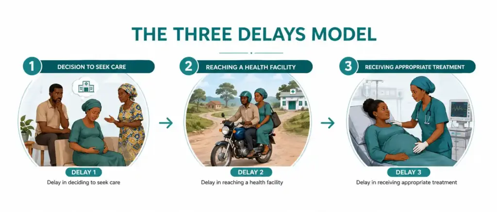 Infographic explaining the three delays that contribute to maternal complications during childbirth.