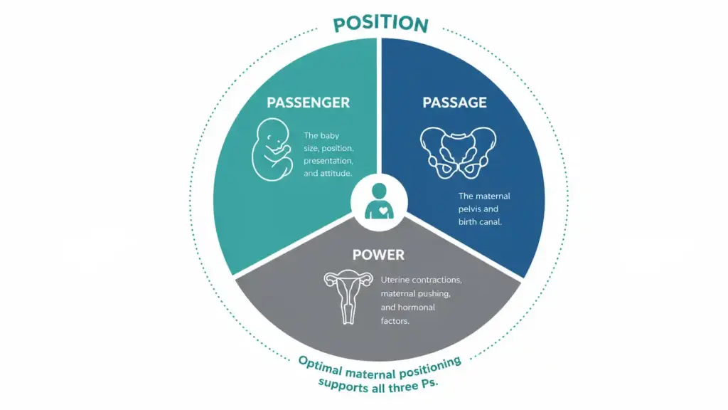 Passenger, Passage and Power: Diagram showing the three main factors that influence labor and how maternal position supports the birth process.