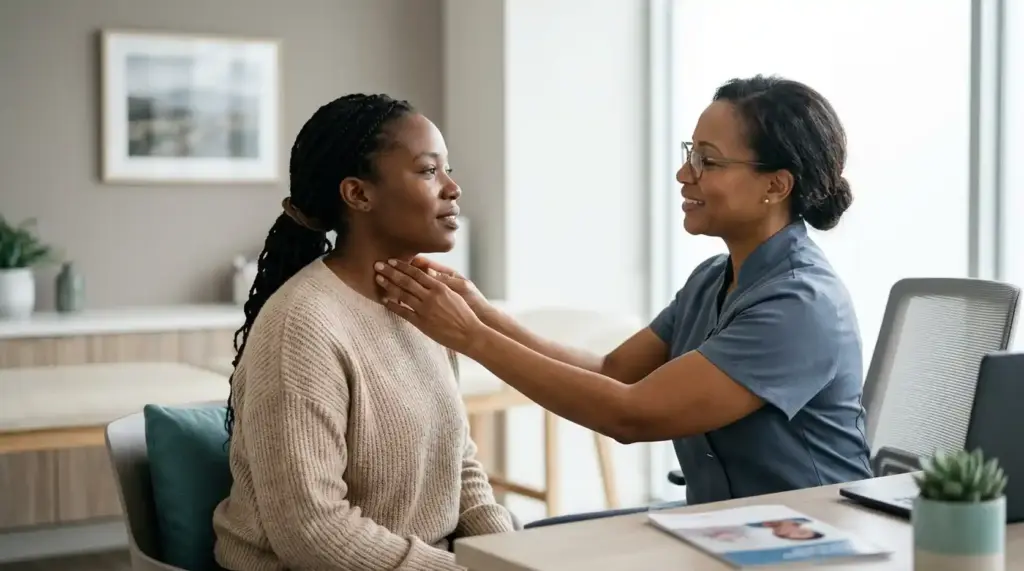 Healthcare professional examining a woman’s neck during a consultation about thyroid health and cancer.