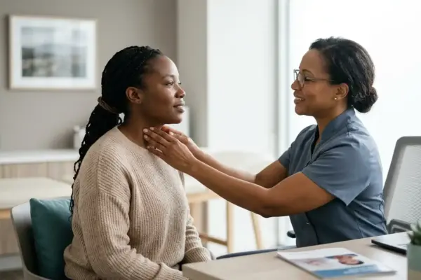 Healthcare professional examining a woman’s neck during a consultation about thyroid health and cancer.