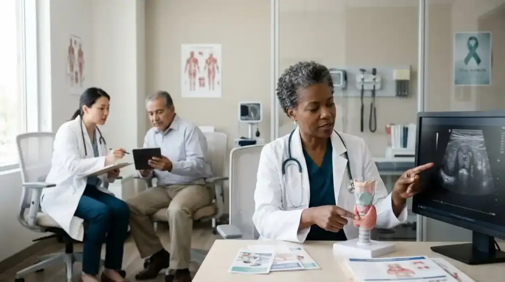 An endocrinologist reviews a thyroid ultrasound with a patient while discussing diagnosis, treatment, and long-term care for thyroid cancer.