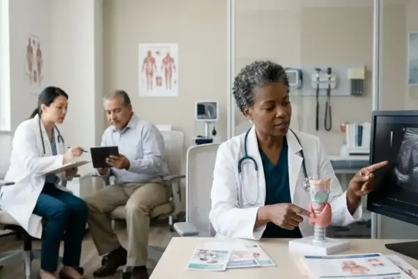 An endocrinologist reviews a thyroid ultrasound with a patient while discussing diagnosis, treatment, and long-term care for thyroid cancer.