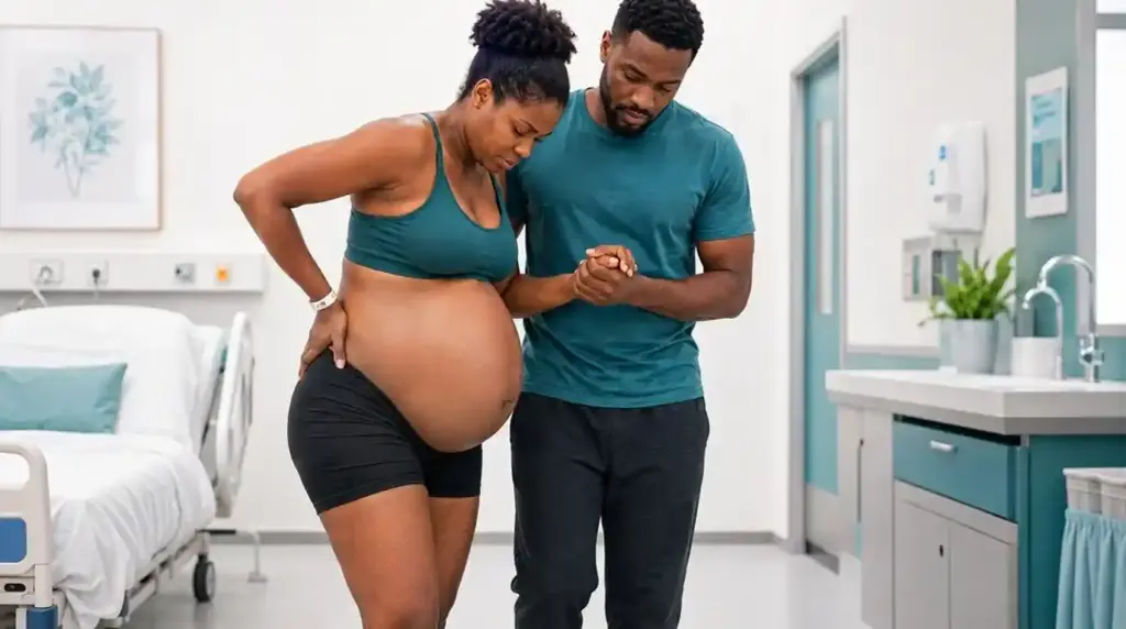 Woman walking during active labor with partner support.