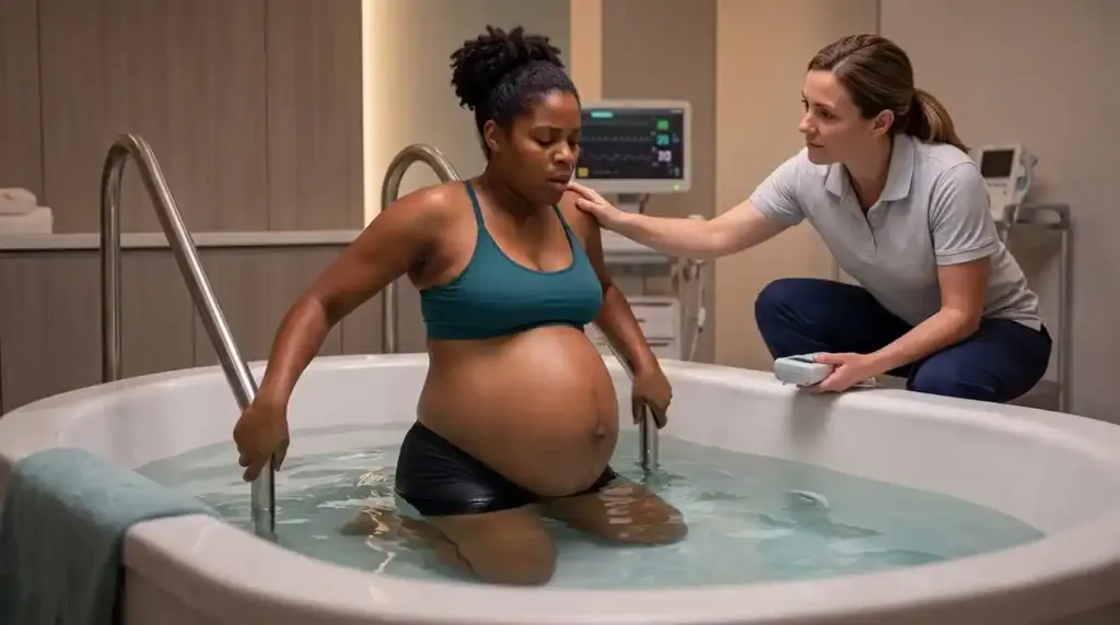 Woman laboring in a warm birthing pool, while a midwife provides support.