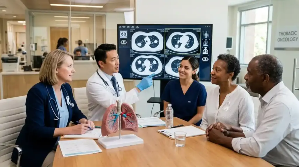 A thoracic oncology team reviews chest imaging with a patient and family, highlighting early detection, treatment, and supportive care for lung cancer.