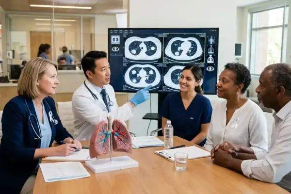 A thoracic oncology team reviews chest imaging with a patient and family, highlighting early detection, treatment, and supportive care for lung cancer.