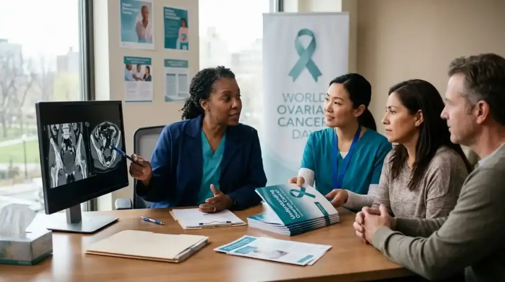 A gynecologic oncology team discusses ovarian cancer diagnosis and treatment with a patient in a modern cancer center, emphasizing symptom awareness, early diagnosis, and compassionate care.