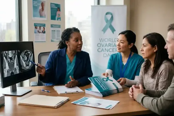 A gynecologic oncology team discusses ovarian cancer diagnosis and treatment with a patient in a modern cancer center, emphasizing symptom awareness, early diagnosis, and compassionate care.