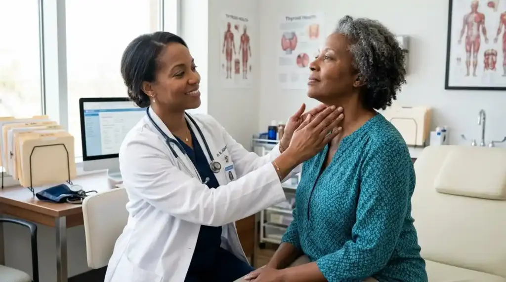 A healthcare professional performs a routine thyroid examination on an adult patient.