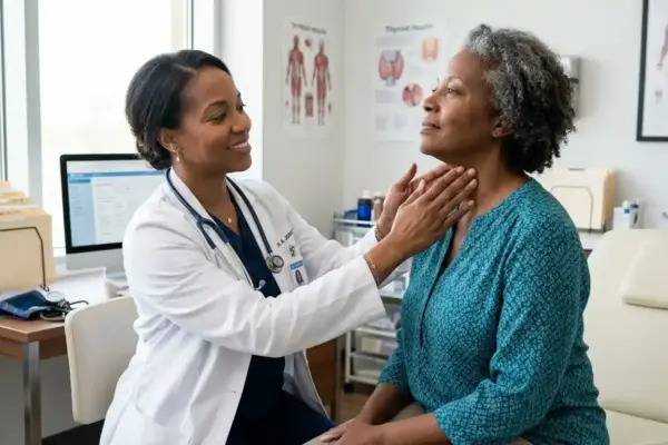 A healthcare professional performs a routine thyroid examination on an adult patient.
