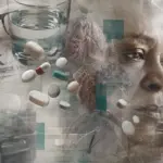 Abstract layered composition of medicines, prescription fragments, medication checklist, water, glasses, healthcare elements, and a contemplative human face representing the burden of taking many medicines.