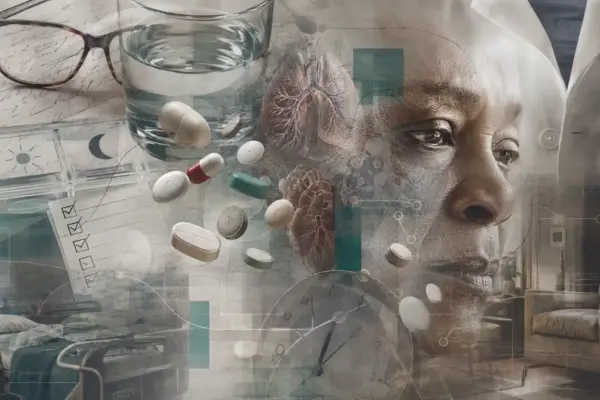 Abstract layered composition of medicines, prescription fragments, medication checklist, water, glasses, healthcare elements, and a contemplative human face representing the burden of taking many medicines.