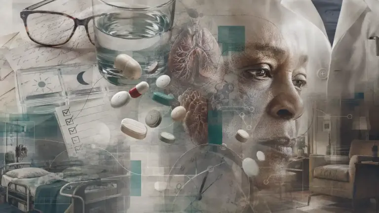 Abstract layered composition of medicines, prescription fragments, medication checklist, water, glasses, healthcare elements, and a contemplative human face representing the burden of taking many medicines.