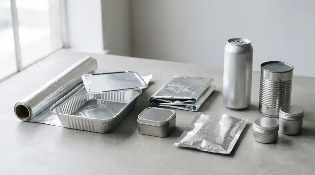 A variety of Aluminum foil and metal-based materials for food packaging.