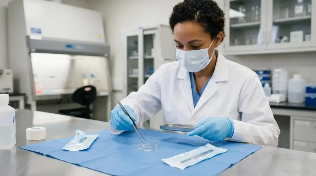 Gloved professional handling a sterile instrument over a clean prepared work surface.