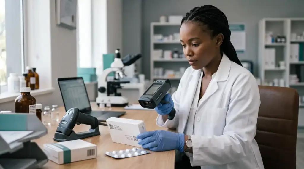Pharmaceutical professional checking a medicine to verify its authenticity.