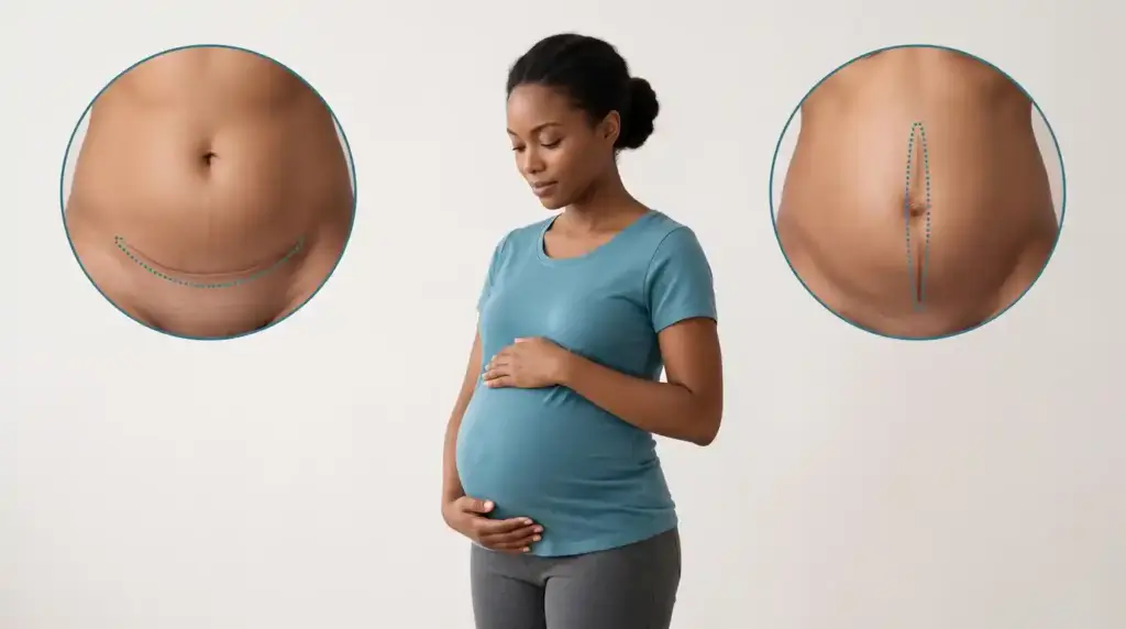 Illustration of a pregnant woman flanked by two circular inset diagrams displaying horizontal and vertical C-section incision locations outlined with dotted teal lines.