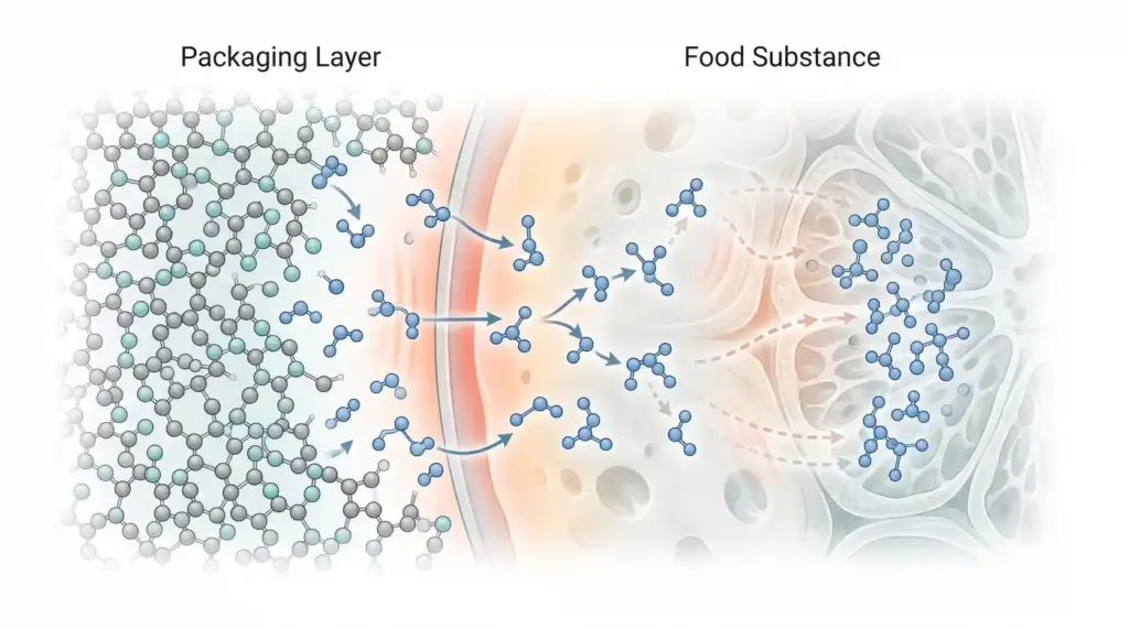 Illustration showing chemical migration from food packaging into food.