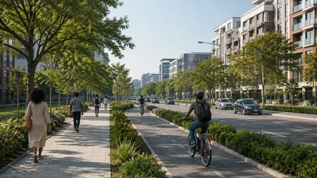 Urban neighborhood designed to reduce environmental noise.