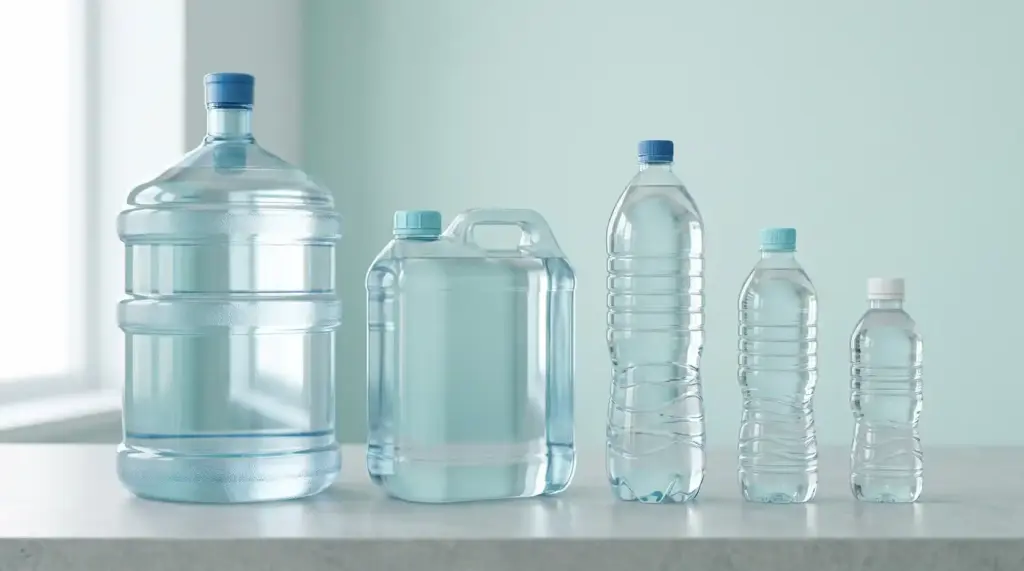 Different bottles of water, including dispenser bottle. Food packaging also includes water packaging.