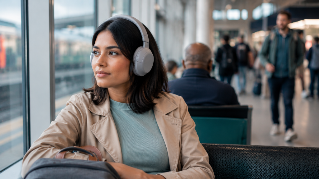 Person wearing noise-canceling headphones in a noisy urban environment.