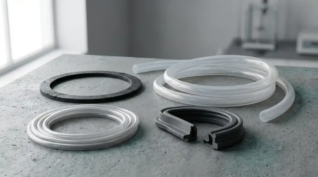 examples of elastomer materials including a flexible silicone tube, rubber gasket, medical tubing, and soft seal.