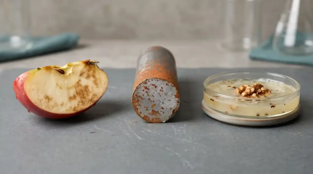Everyday examples of oxidation: an apple slice developing browning, a cut metal surface beginning to rust, and an oil-rich food showing signs of oxidation.