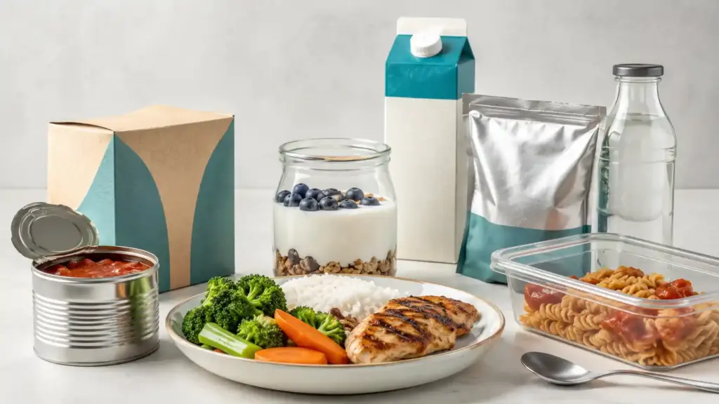 Assortment of food-contact materials including packaging, a plate, utensils, glass, metal and plastic