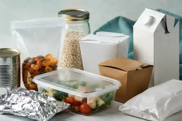 Assorted food packaging materials including plastic, cans, glass, paper and cartons