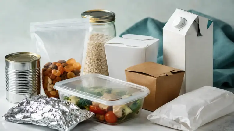 Assorted food packaging materials including plastic, cans, glass, paper and cartons