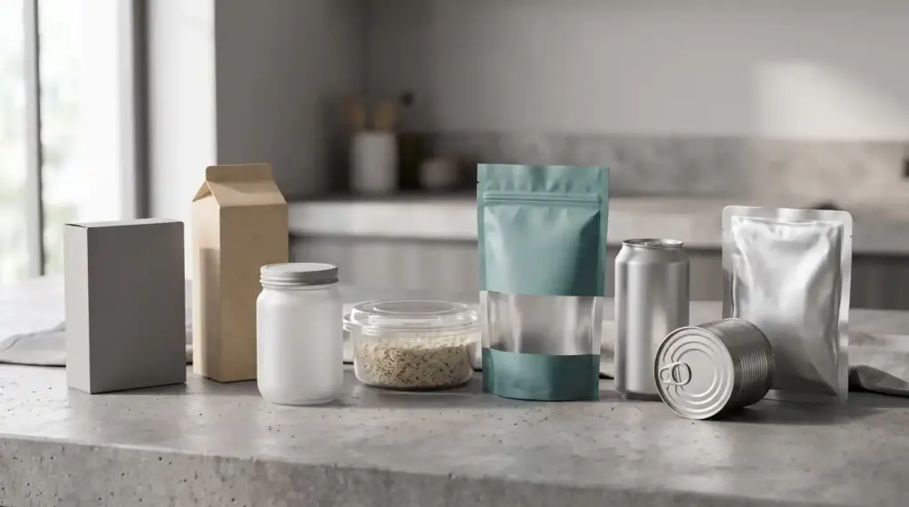 Assortment of food packaging including cans, glass, plastic, paper and cartons