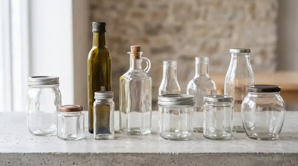 A variety of glass bottles and jars used for food packaging.