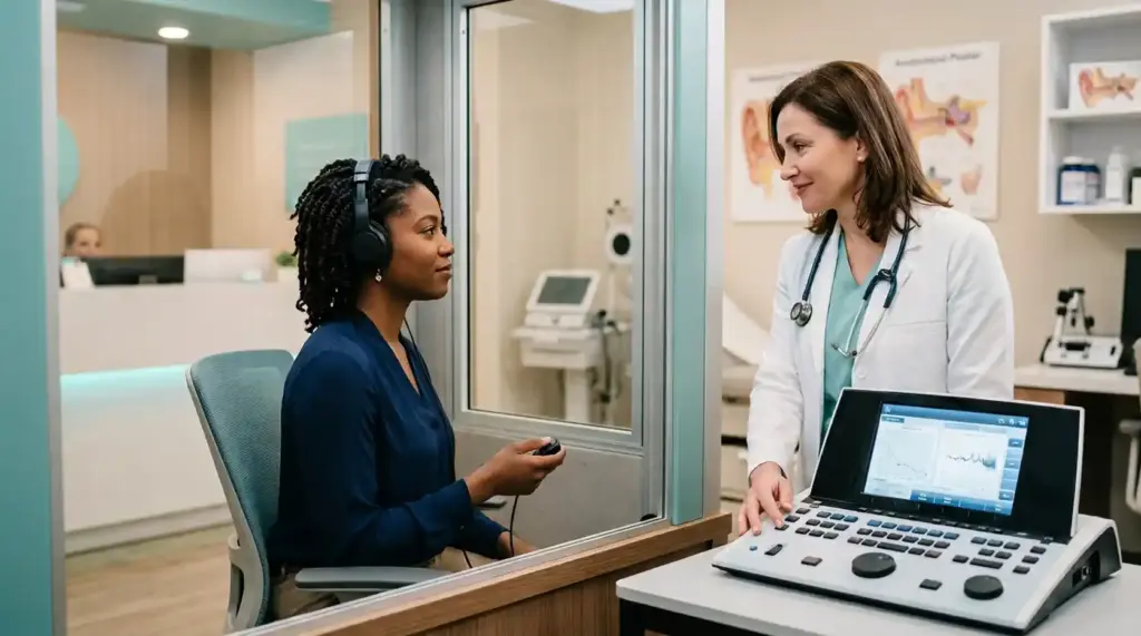 Hearing loss testing in a modern ENT clinic. Hearing loss is a potential effect of Noise Pollution.
